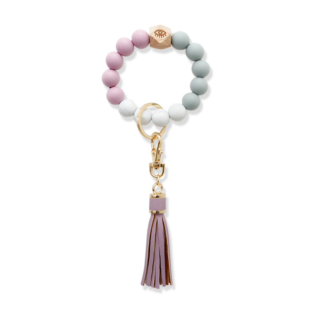 Wholesale Skull Hairball Leather Tassel Silicone Beaded Wristlet Keychain